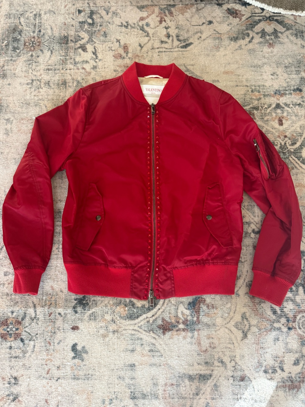 Valentino Red Bomber Jacket with Stud-Trim Zipper